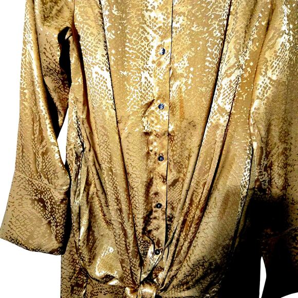Adrienne Landau Women's L Gold Satin Snake Print Tunic Shirt Luxe Resort wear - Picture 8 of 13